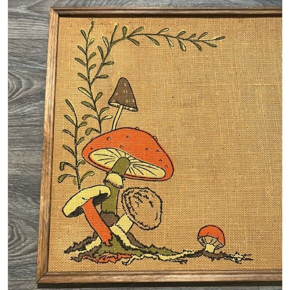 Vintage Tandy Mushroom Bulletin Memo Board Burlap Wall Hanging Size 18 x 24 60's - Picture 6 of 8